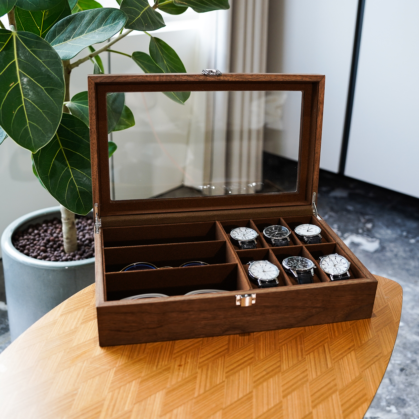 黑胡桃木纹多功能手表眼镜收纳盒