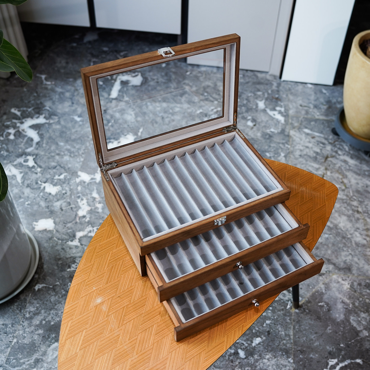 钢笔收纳盒 黑胡桃木纹大容量3层34位名笔收藏展示盒防尘带盖轻奢