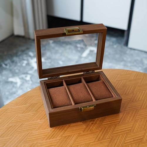 3只装黑胡桃木纹棕绒手表收纳盒