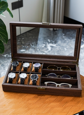 首饰收纳盒木纹皮PU6位手表3位眼镜多功能饰品收藏展示盒家用防尘