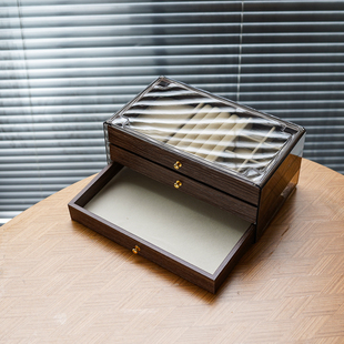 精致木质三层透明盖首饰收纳盒大容量抽屉式饰品绒布盒家居展示盒