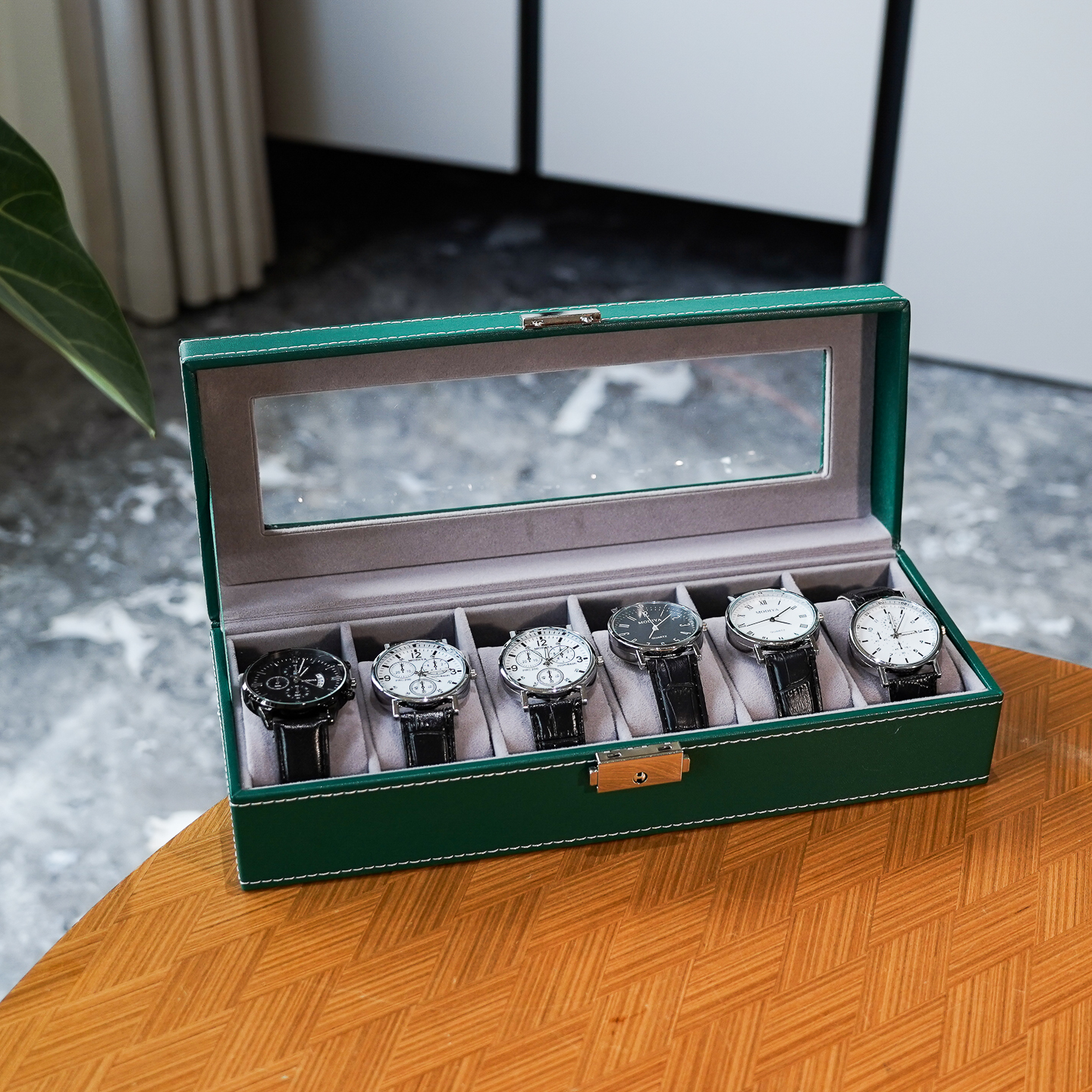绿色PU皮革6只装手表收纳展示盒