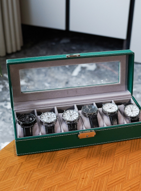 手表收纳盒 绿色PU皮革6只装腕表收藏展示箱一字锁带盖防尘防氧化