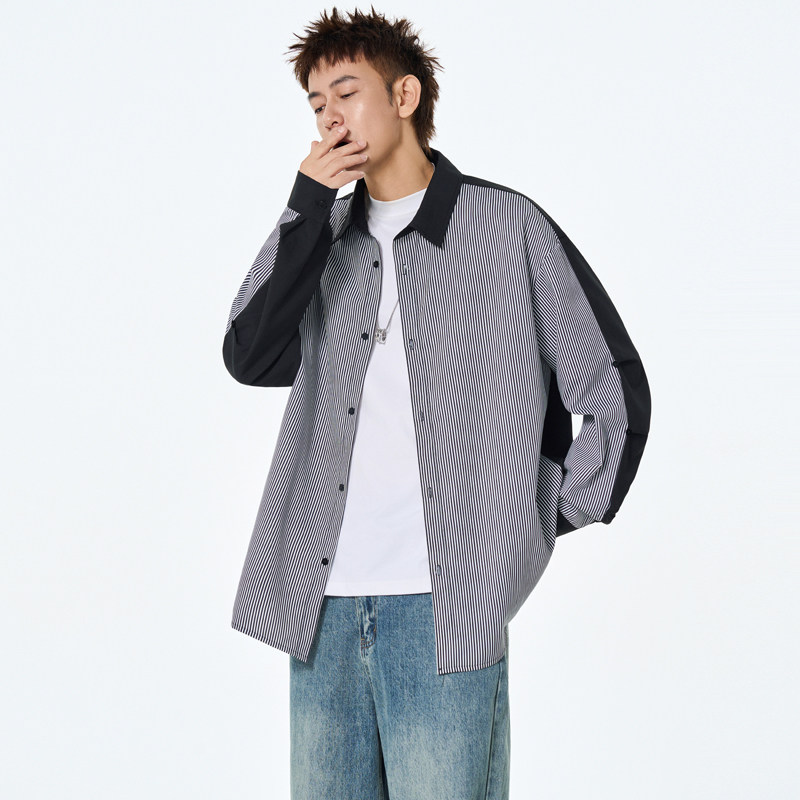 美式复古条纹衬衫男士春秋款潮牌宽松休闲百搭情侣上衣服男女款