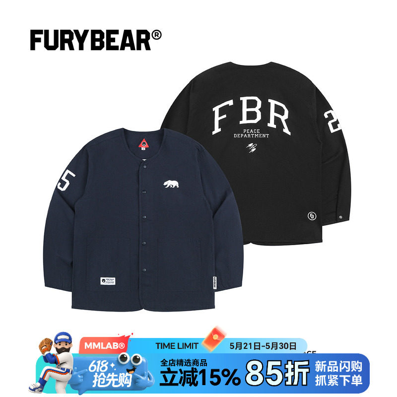FURYBEAR军事风系列刺绣图案无领棉质美式复古长袖棒球衫薄款外套