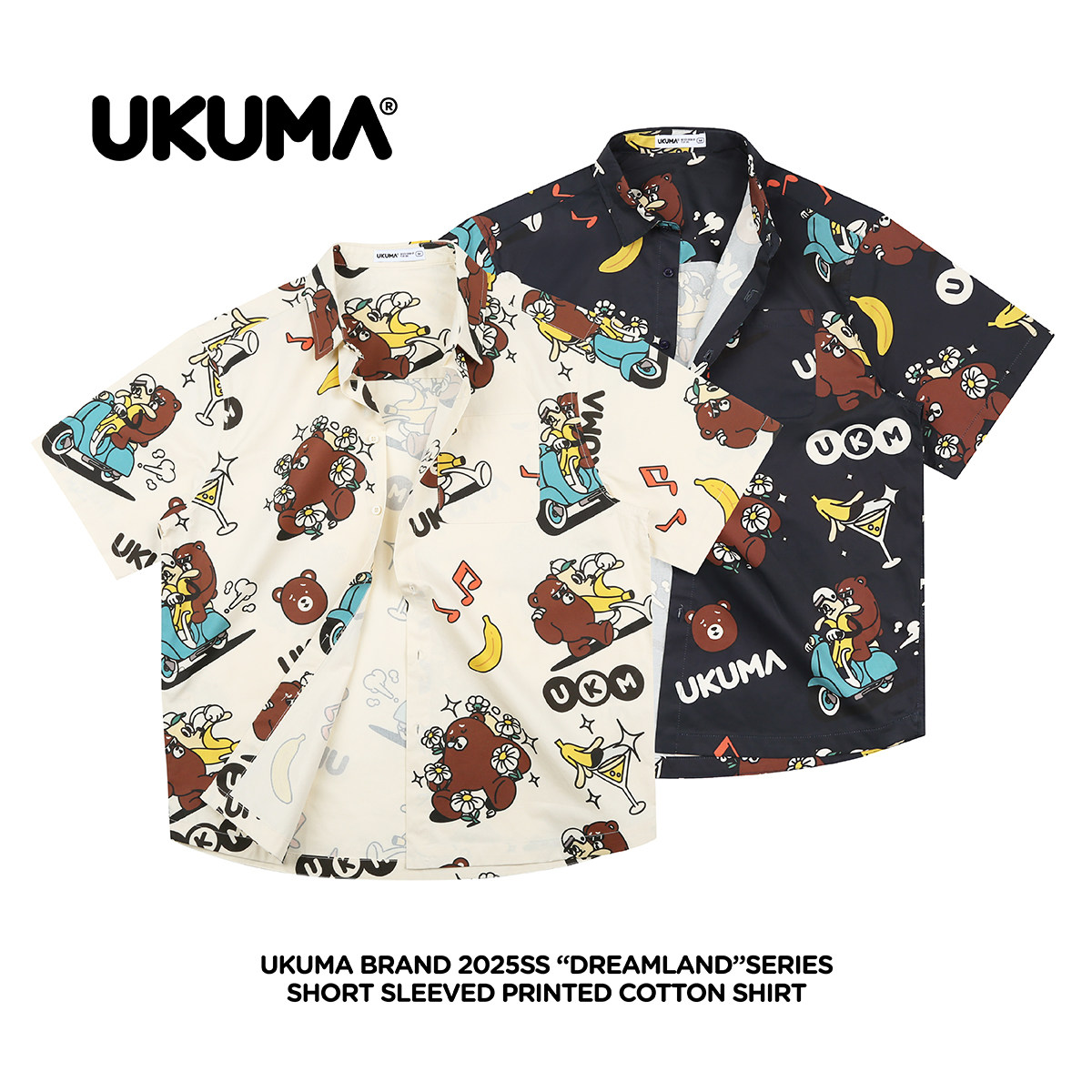 UKUMA香蕉熊系列夏季新款棉质印花短袖衬衫外套复古满印休闲衬衣