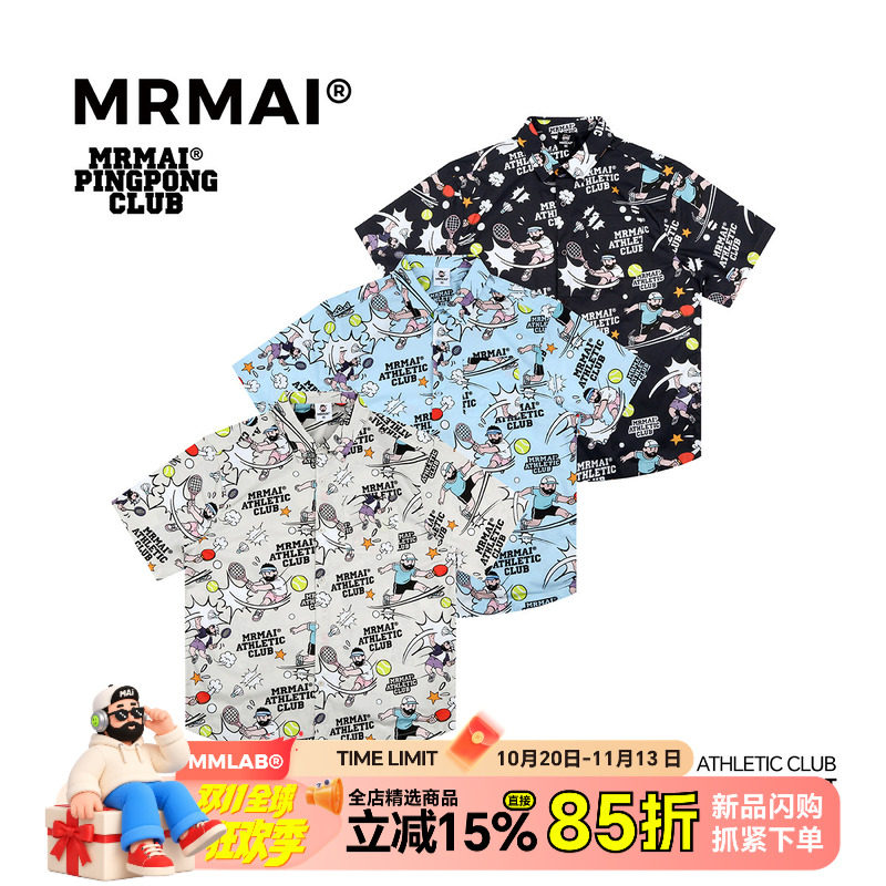 MRMAI运动俱乐部系列夏季藏青卡其浅蓝棉质运动主题休闲短袖衬衫