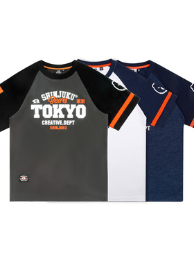 MCREW TOKYO SHIJUKU东京新宿白色蓝麻藏青纯棉印花插肩袖圆领T恤