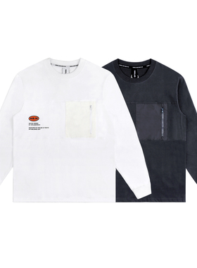 MMLABCREW MRMAI系列秋冬拼接绒面白色深灰纯棉圆领打底长袖T恤