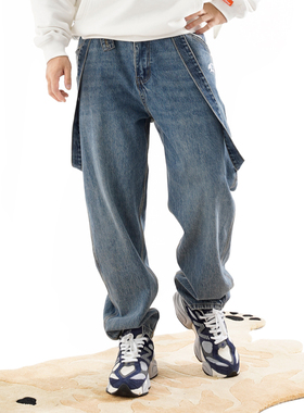 MCREW CABEAR秋冬新品刺绣logo洗水重磅做旧宽松阔腿背带牛仔裤