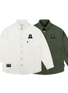 MMLAB KOHIBEAR咖啡熊LOGO军绿米白色简约宽松加厚长袖衬衫外套