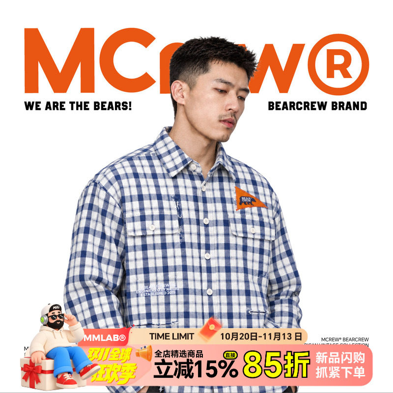 MCREW熊队美式系列秋冬贴布刺绣蓝白格破坏水洗做旧工装长袖衬衫