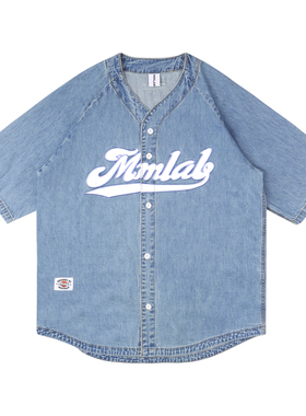 MMLABCREW logo绣花休闲运动短袖棒球开衫宽松加大牛仔夹克外套