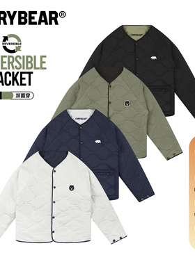 FURYBEAR秋冬户外加厚夹棉绗缝双色双面穿刺绣logo无领棉衣外套