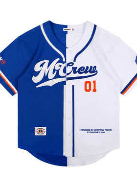 MCREW 字母绣花蓝白拼色男女休闲运动短袖棒球开衫宽松夹克外套