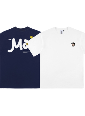 MMLABCREW MR.MAI logo潮牌白色藏青蓝纯棉刺绣印花圆领短袖T恤