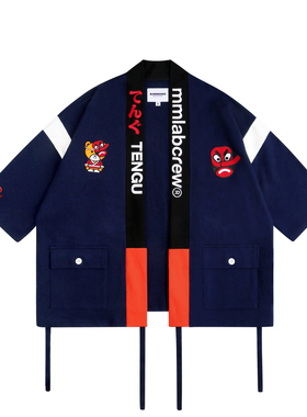 MMLAB KIMMONO日式和风天狗刺绣宽松加厚甚平开衫藏青和服外套