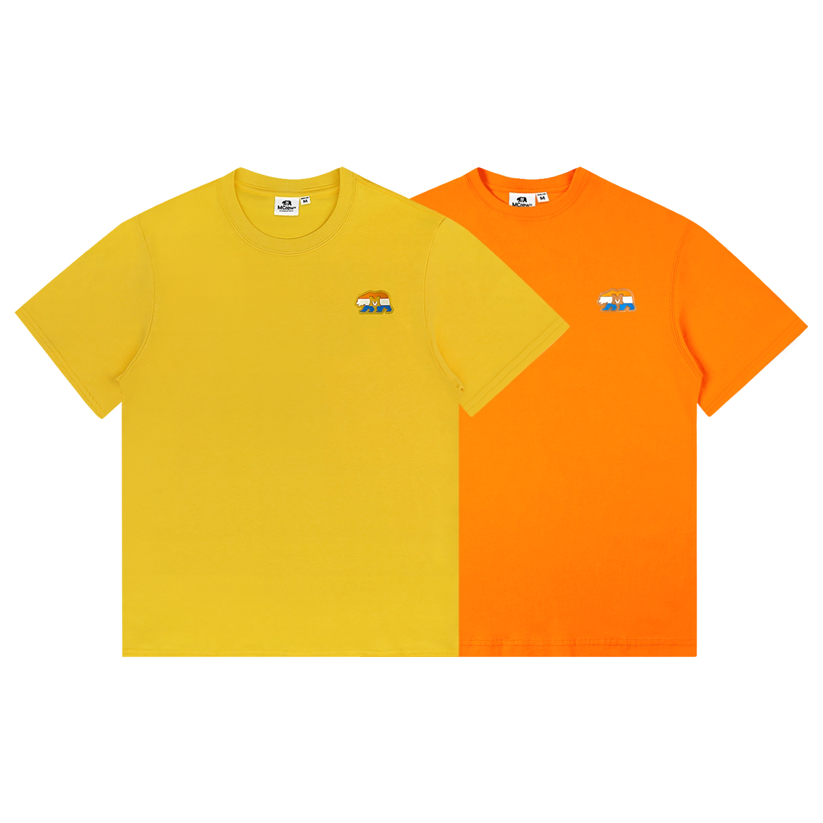 mcrew限定系列简约加州熊三色胶标黄色橘色磨毛纯棉圆领短袖t恤