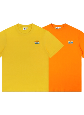 MCREW限定系列简约加州熊三色胶标黄色橘色磨毛纯棉圆领短袖T恤