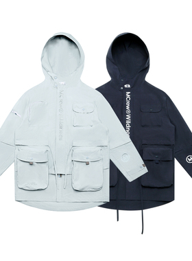 MCREW WILDNESS机能系列多口袋可拆卸藏青冰蓝宽松连帽风衣外套