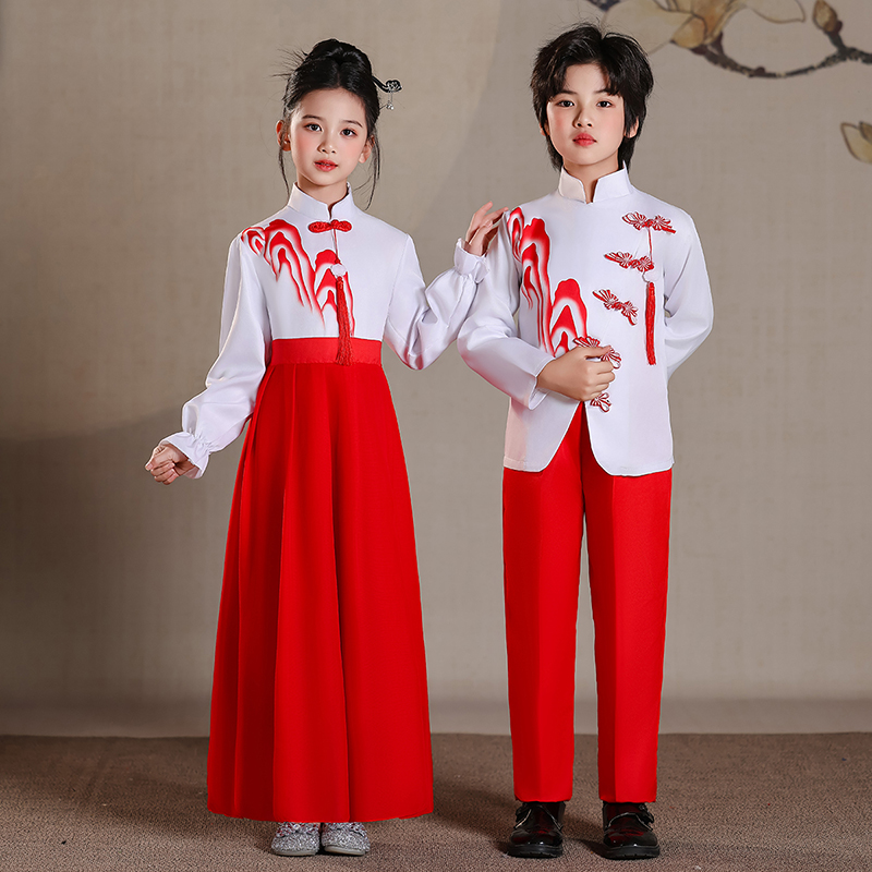 中小学生诗歌朗诵合唱团演出礼服男女童中国风爱国舞蹈服主持比赛