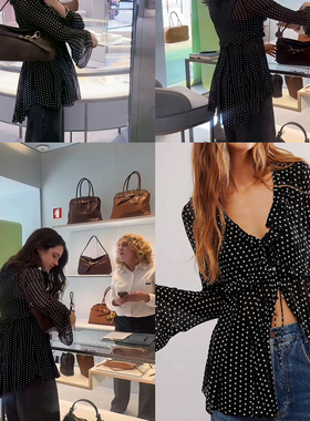 25春夏高级定制FP海外博主圆领洋气性感系带花色长袖显瘦娃娃衬衫