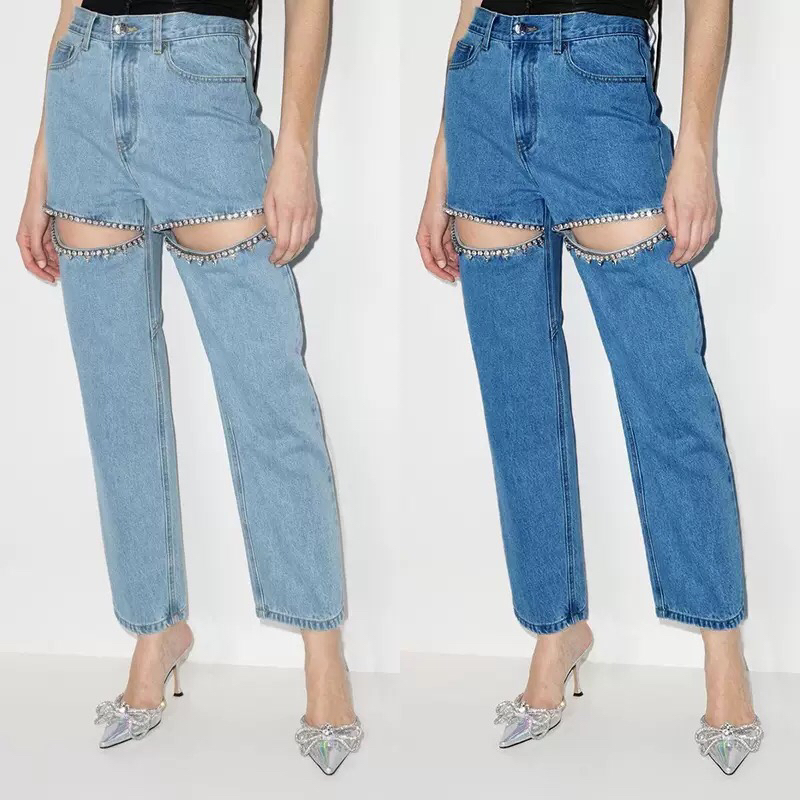 25春新款浅蓝色重工镶钻钉珠牛仔裤镂空浅色直筒九分裤女