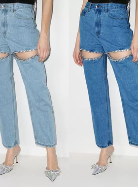 25春新款浅蓝色重工镶钻钉珠牛仔裤镂空浅色直筒九分裤女