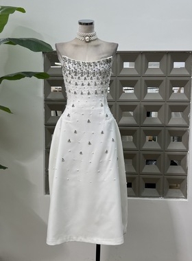 25新款VC女孩贵气CHIC手工钉钻重工收腰抹胸连衣裙冷淡风长款礼服