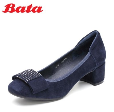 Bata拔佳2022秋专柜正品闪钻蝴蝶结粗跟羊绒皮浅口单鞋821-2CQ8