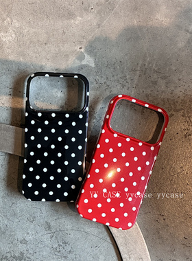 经典搭配黑白红白波点17promax手机壳适用于苹果16plus/15PLUS黑红创意圆点光滑软壳新款秋冬复古酒红色系13