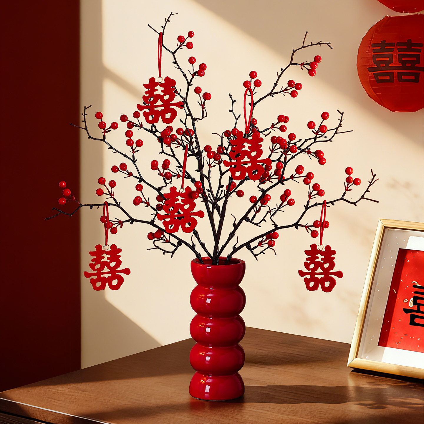 红色花瓶仿真花摆件结婚订婚喜庆装饰品客厅桌面婚房布置婚庆用品