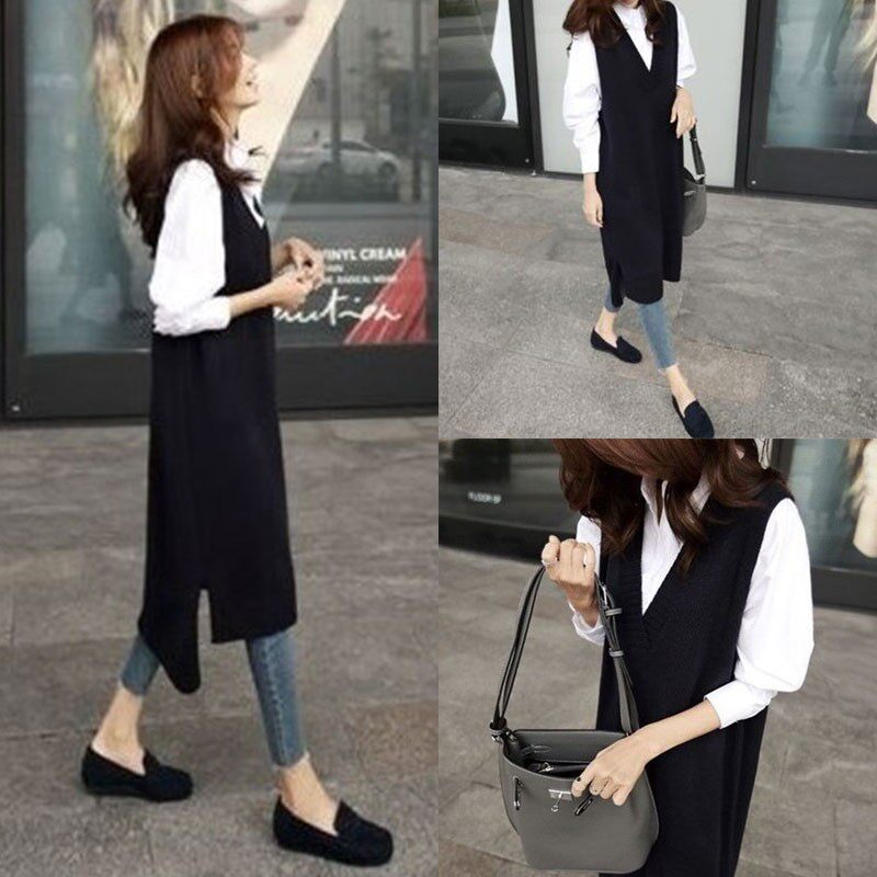 24春秋冬韩版宽松长款V领羊绒马甲背心女针织过膝无袖毛衣坎肩裙