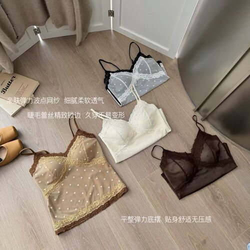 3002纯欲风性感波点蕾丝网纱磨毛吊带背心女带胸垫修身显瘦上衣