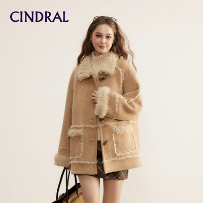 Cindral熙地麂皮绒羊羔毛外套女中长款新款皮毛一体加绒加厚夹克