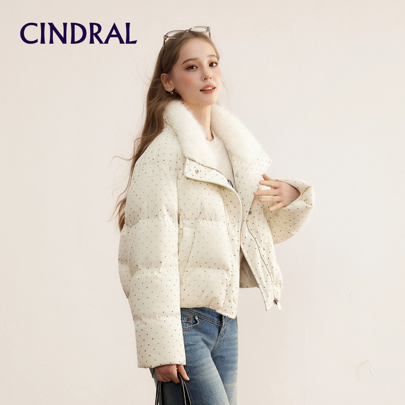 Cindral熙地波点羽绒服女新款白鸭绒加厚宽松面包服灯芯绒短外套
