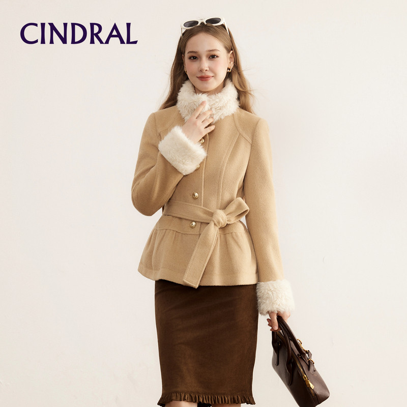 Cindral熙地款羊羔毛拼接外套女复古收腰保暖加厚毛呢大衣高级感