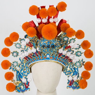 京剧武生大包巾戏曲戏剧武将帽盔头盔帽金色点绸硬包巾戏剧帽子