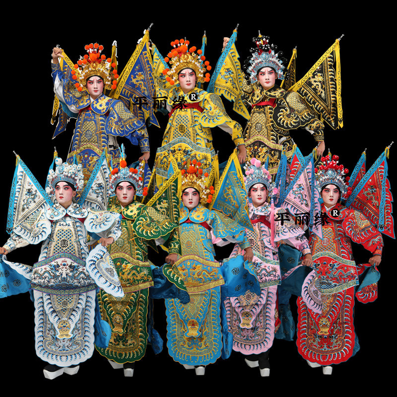 戏曲大靠京剧武生武将靠旗厚绉戏服花将军小生老生戏装勾金男大靠