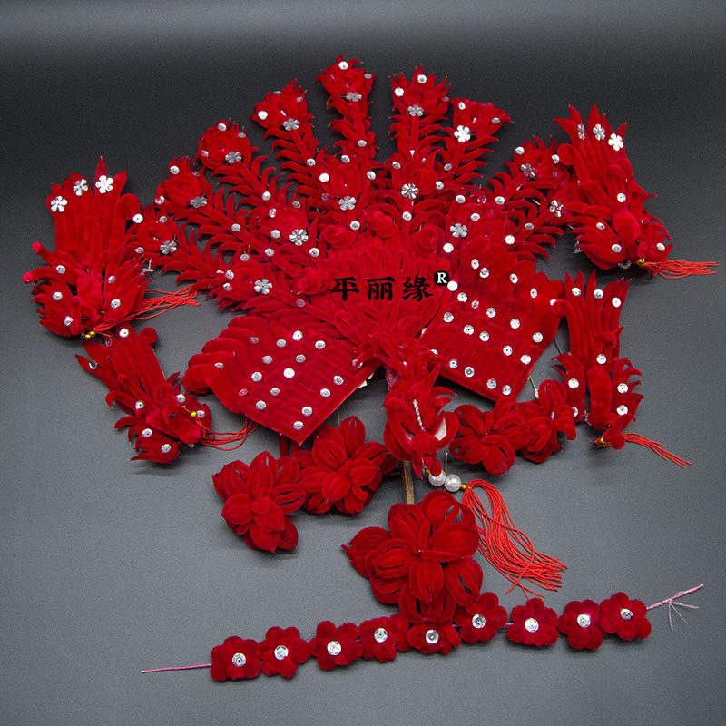 戏曲头饰红色绒花绒凤偏凤大绒正凤绒条花花旦青衣头饰头花鬓花