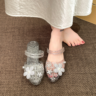 果冻水晶凉拖鞋女夏外穿增高百搭网红厚底防滑沙滩一字拖中跟时尚