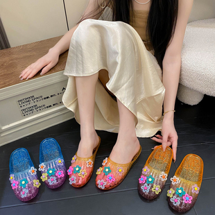 果冻水晶凉拖鞋女夏外穿增高百搭网红厚底防滑沙滩一字拖中跟时尚