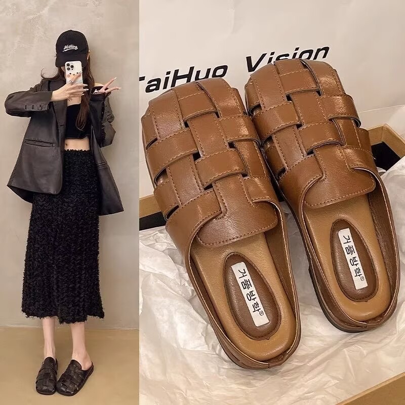 韩版手工复古罗马编织半包凉拖鞋夏季女百搭软底包头半拖