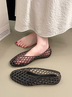 韩版果冻鞋小众时尚镂空网格平底水晶凉鞋diy夏季新款包头女单鞋