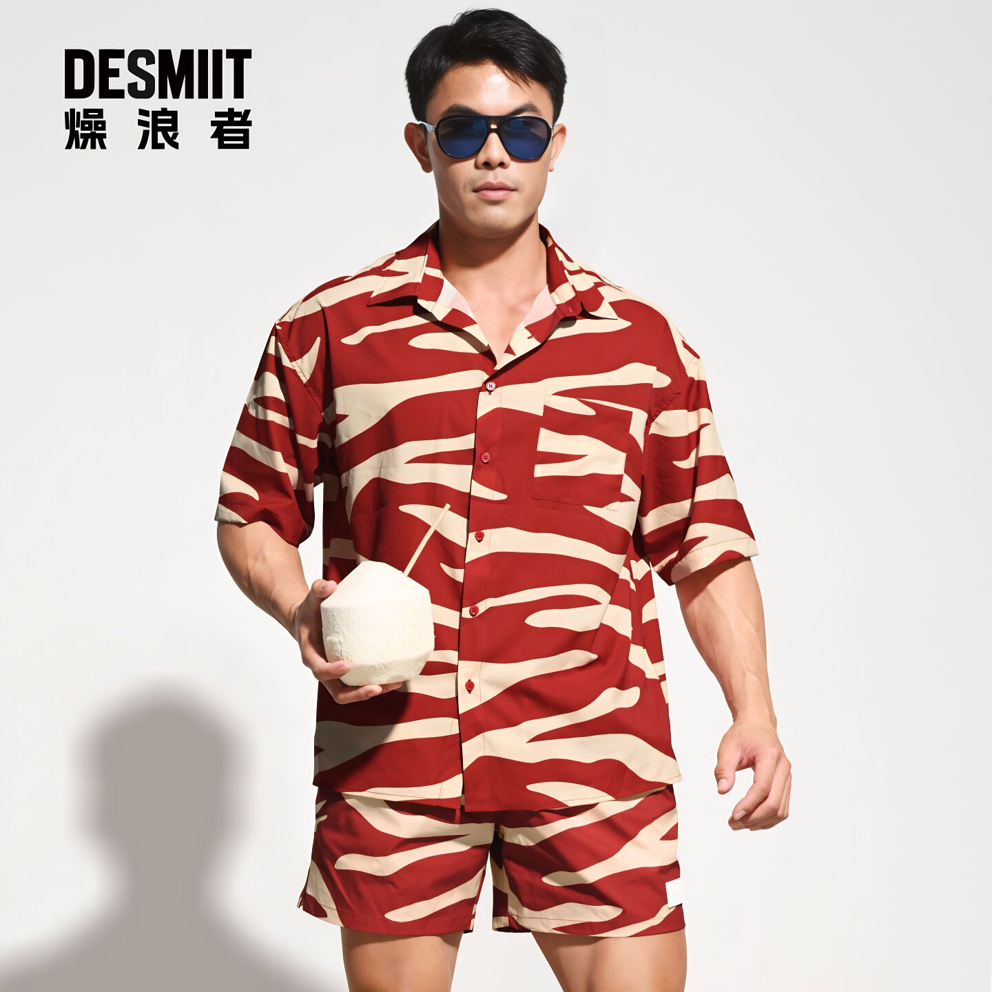 DESMIIT 男士短袖衬衫迷彩印花海边休闲度假沙滩外套宽松半袖上衣
