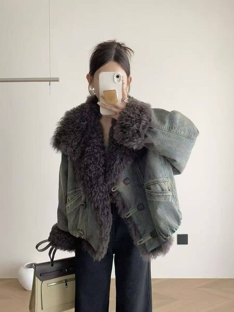 皮毛一体翻领拼接牛仔羽绒内胆派克服外套女2025冬季新款90白鸭绒