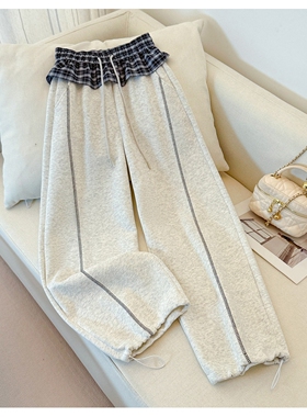 浅花灰色假两件格子屁帘休闲阔腿弯刀卫裤女2026春季新款直筒裤子