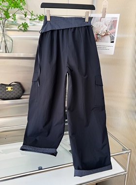 夏季新款蓝色格子屁帘工装裤女高级感宽松bf慵懒风高腰窄版弯刀裤