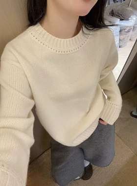 气质温柔镂空圆领山羊绒毛衣女慵懒宽松秋冬白色针织打底衫加厚