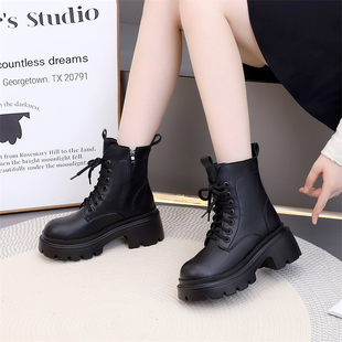 秋冬新款 短靴 真皮马丁靴女高跟小个子增高8cm英伦风加绒厚底爆款